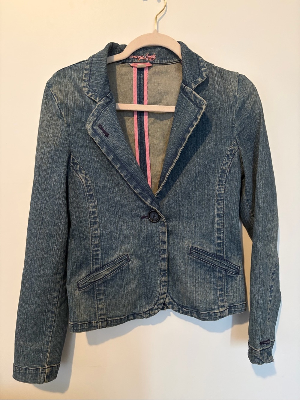 American Eagle Y2K Butterfly Print Denim Blazer with Pink Trims - Small